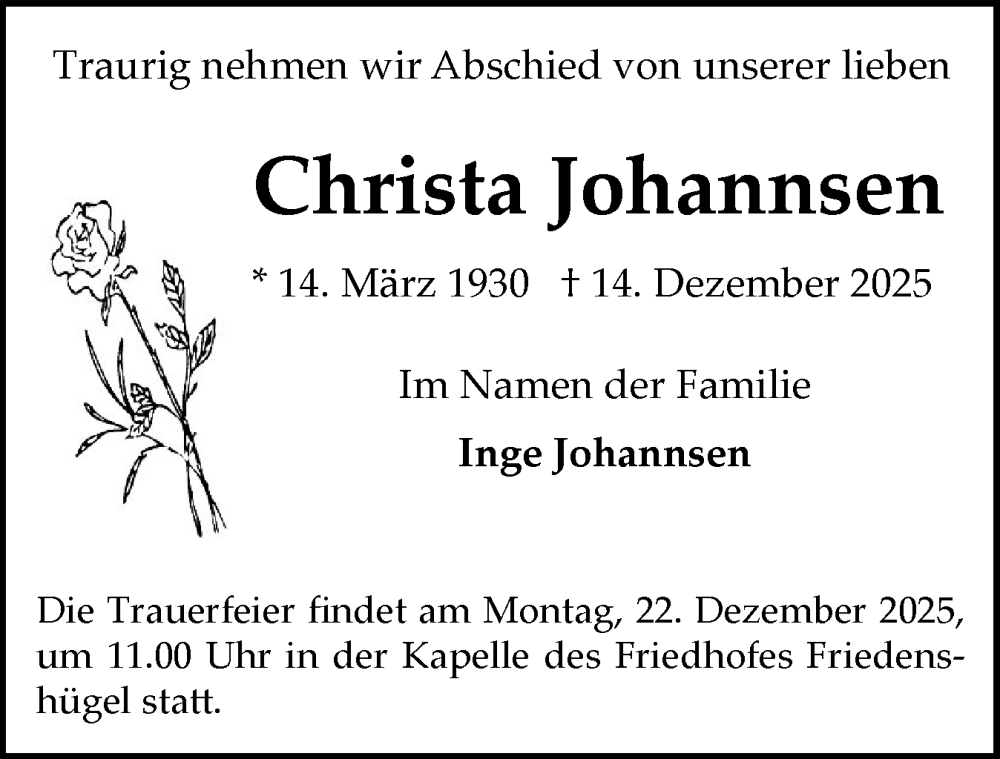  Traueranzeige für Christa Johannsen vom 19.12.2025 aus Flensburger Tageblatt