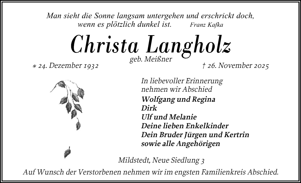  Traueranzeige für Christa Langholz vom 02.12.2025 aus Husumer Nachrichten, Nordfriesland Tageblatt