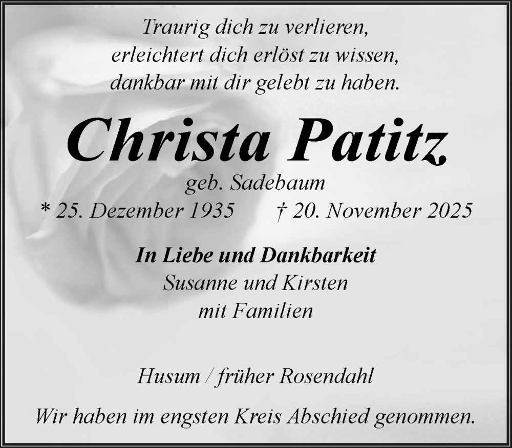  Traueranzeige für Christa Patitz vom 13.12.2025 aus Husumer Nachrichten, Nordfriesland Tageblatt