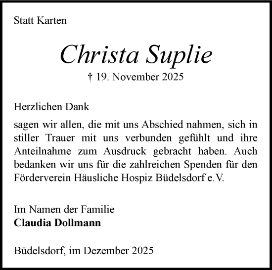 Traueranzeige von Christa Suplie von Schleswig-Holsteinische Landeszeitung