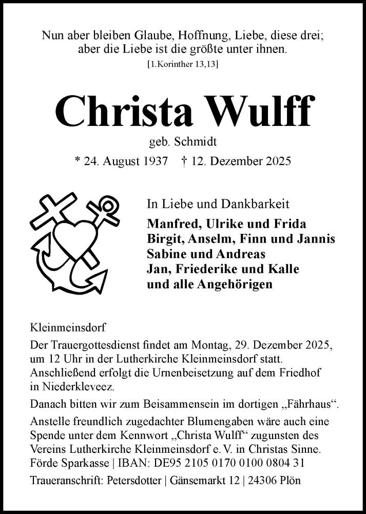  Traueranzeige für Christa Wulff vom 20.12.2025 aus Ostholsteiner Anzeiger