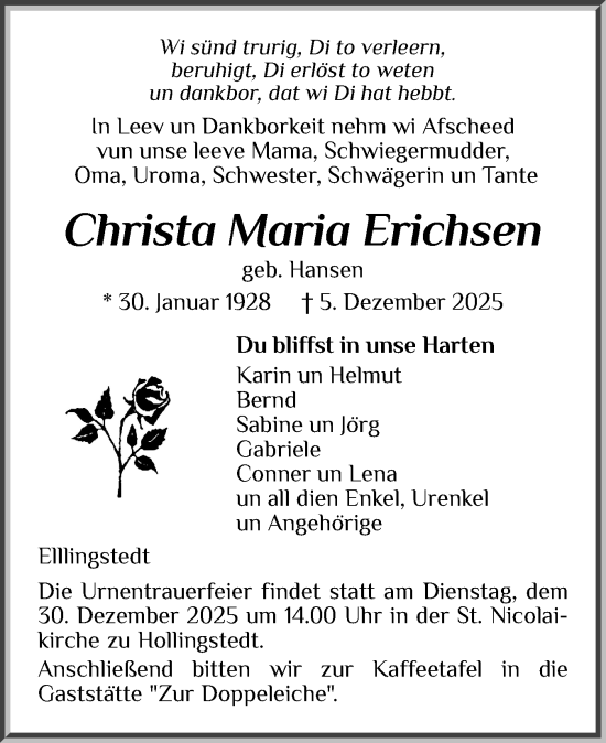 Traueranzeige von Christa Maria Erichsen von Schleswiger Nachrichten, Schlei-Bote