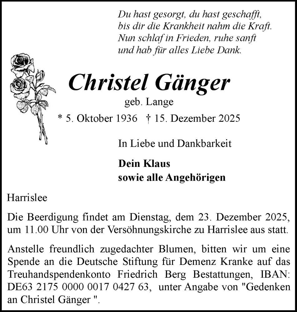  Traueranzeige für Christel Gänger vom 20.12.2025 aus Flensburger Tageblatt