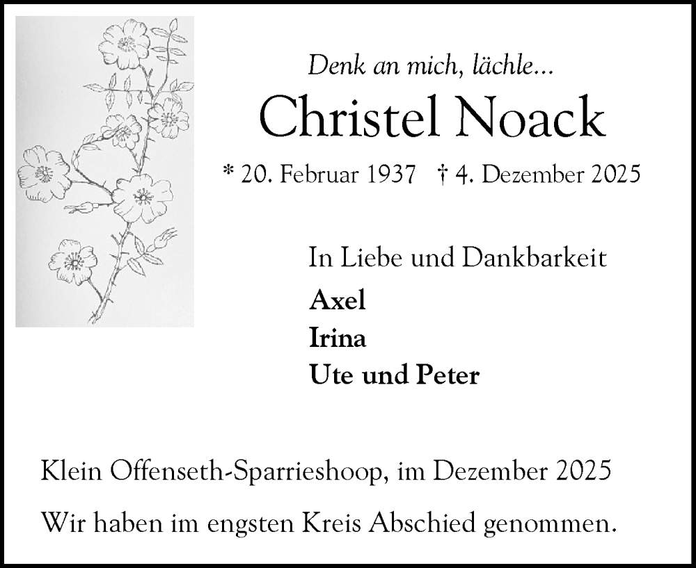  Traueranzeige für Christel Noack vom 20.12.2025 aus Elmshorner Nachrichten, Barmstedter Zeitung