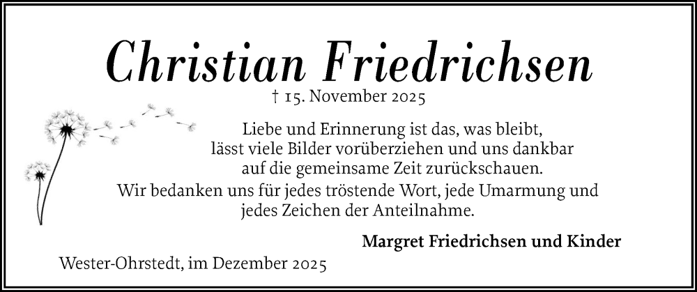  Traueranzeige für Christian Friedrichsen vom 19.12.2025 aus Husumer Nachrichten, Nordfriesland Tageblatt