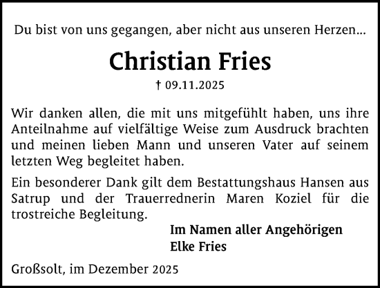 Traueranzeige von Christian Fries von Flensburger Tageblatt