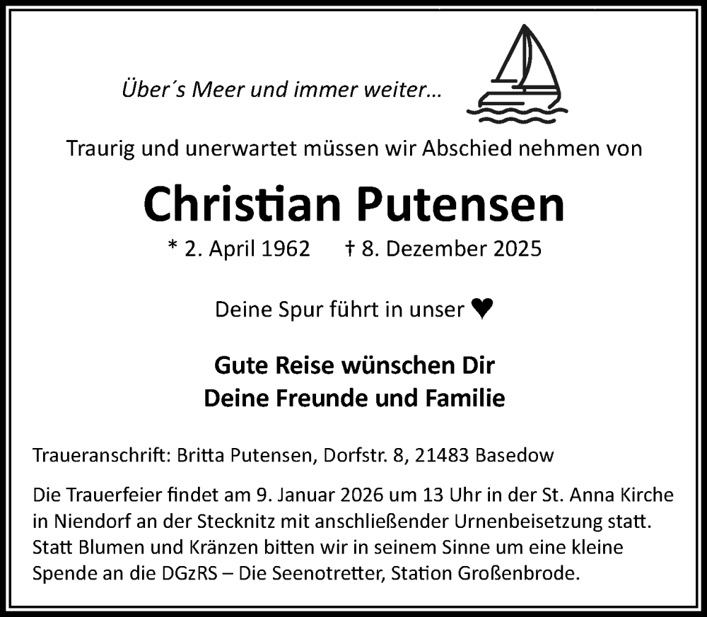  Traueranzeige für Christian Putensen vom 27.12.2025 aus Wochenend Anzeiger