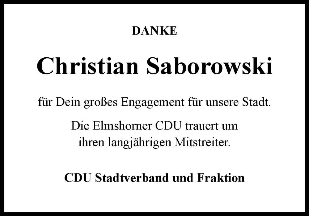  Traueranzeige für Christian Saborowski vom 13.12.2025 aus Elmshorner Nachrichten, Barmstedter Zeitung