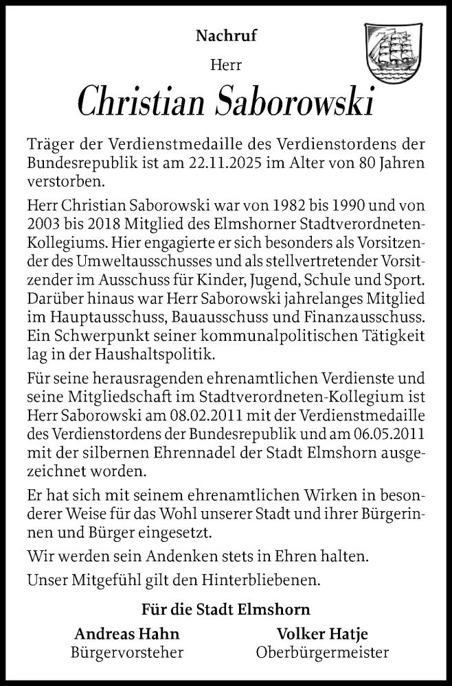  Traueranzeige für Christian Saborowski vom 13.12.2025 aus Elmshorner Nachrichten, Barmstedter Zeitung