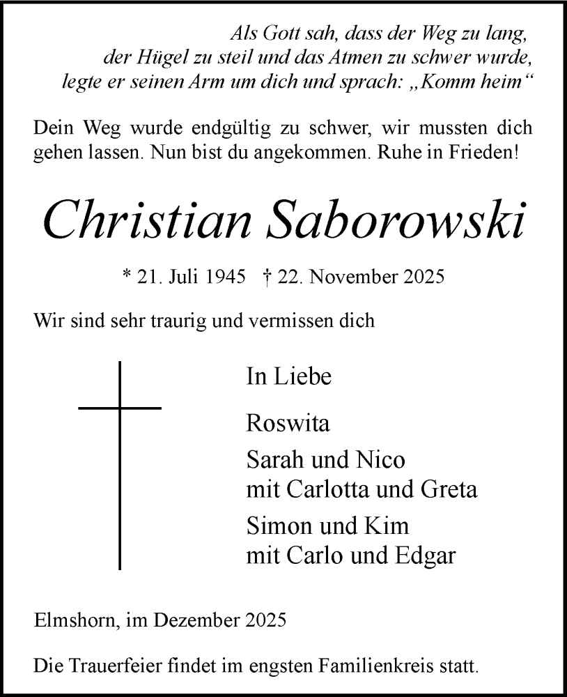  Traueranzeige für Christian Saborowski vom 06.12.2025 aus Elmshorner Nachrichten, Barmstedter Zeitung