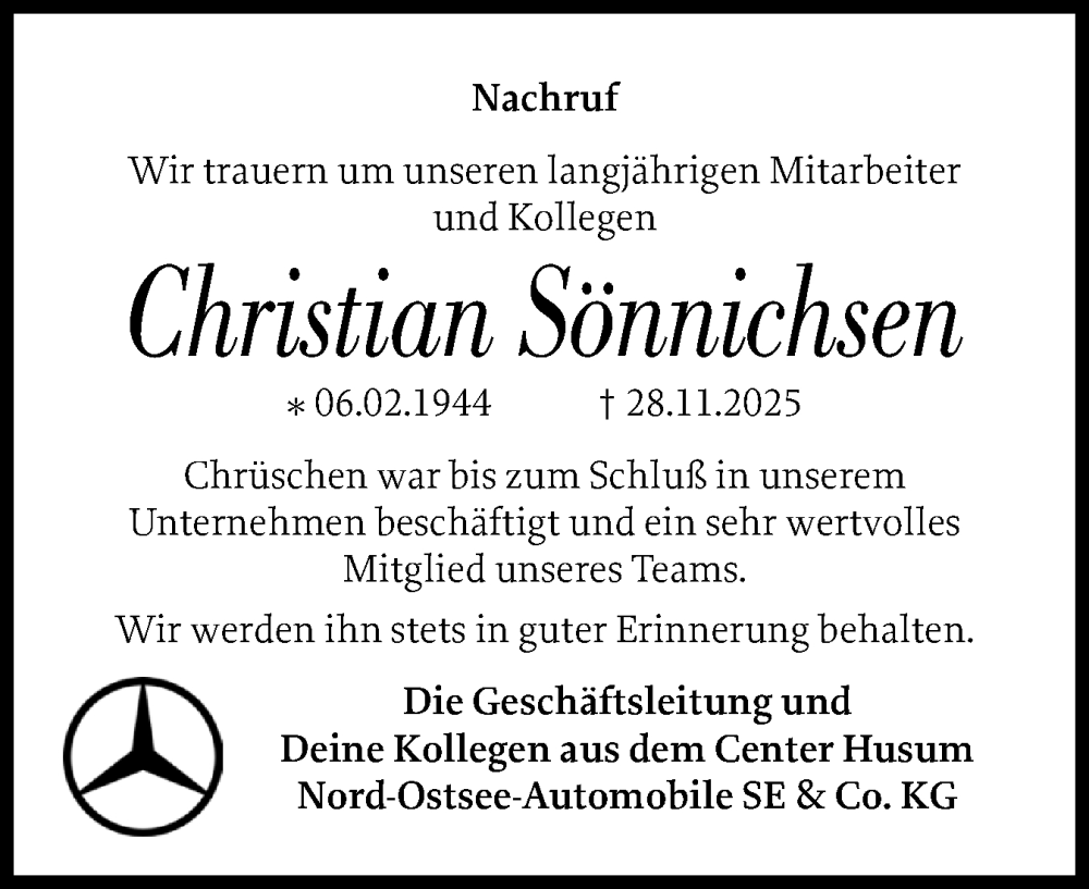  Traueranzeige für Christian Sönnichsen vom 20.12.2025 aus Husumer Nachrichten, Nordfriesland Tageblatt