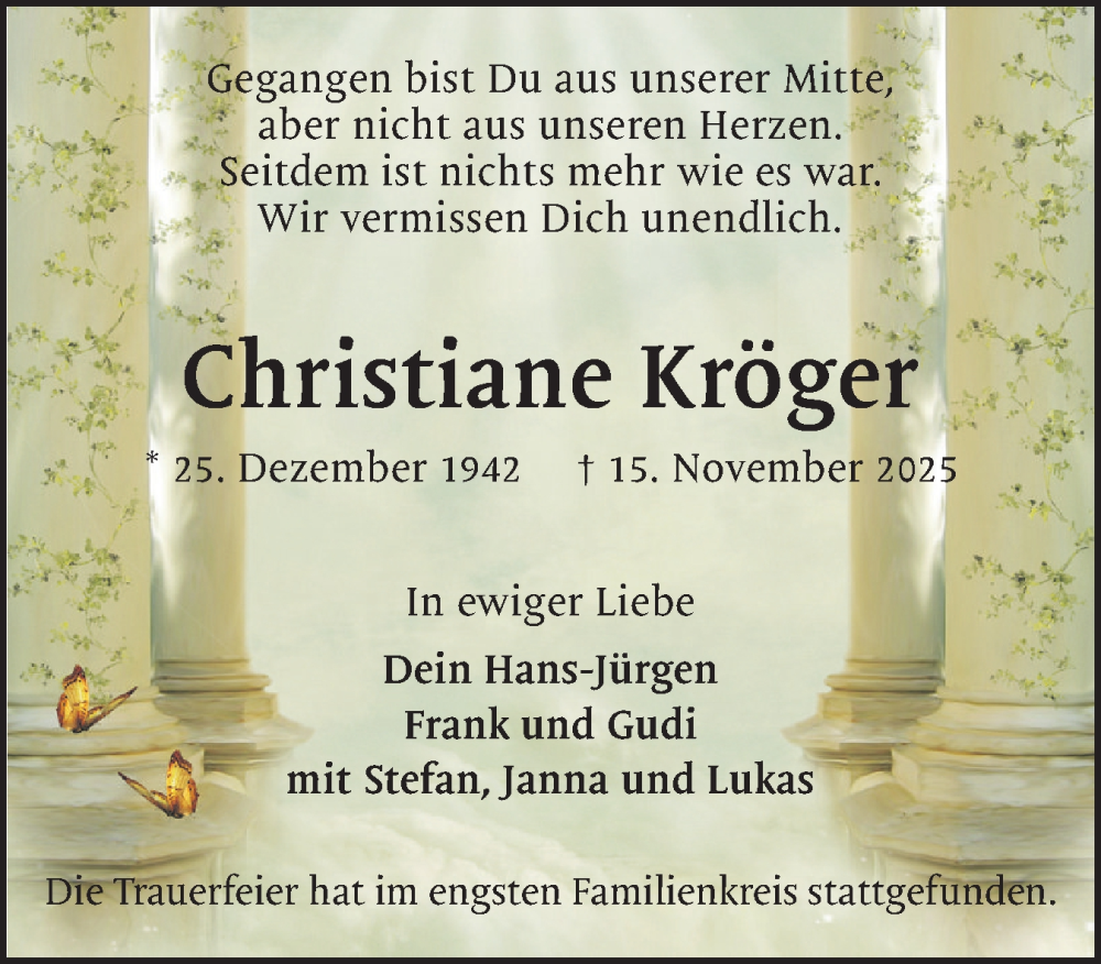  Traueranzeige für Christiane Kröger vom 06.12.2025 aus Region Pinneberg und tip Pinneberg