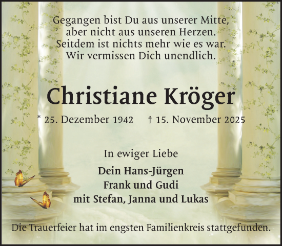 Traueranzeige von Christiane Kröger von Region Pinneberg und tip Pinneberg