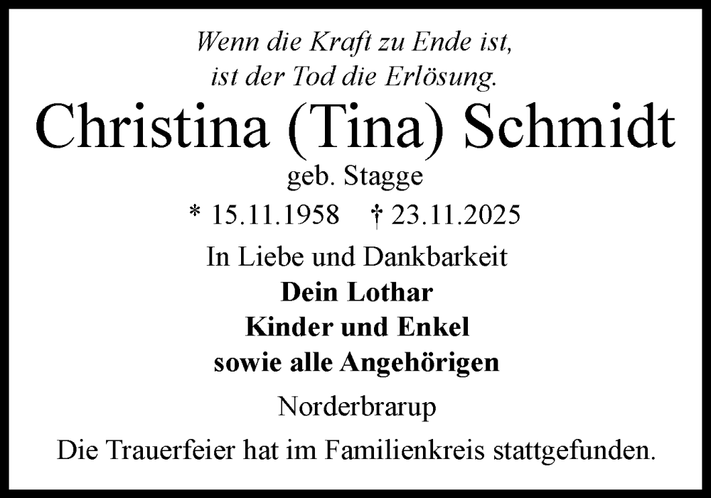  Traueranzeige für Christina Schmidt vom 06.12.2025 aus Schleswiger Nachrichten, Schlei-Bote
