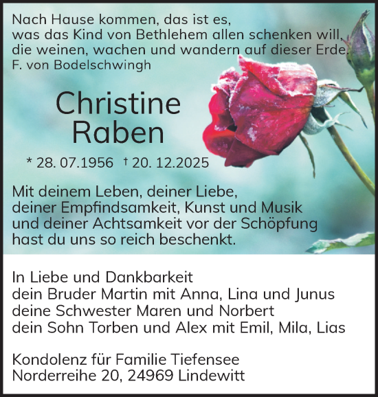 Traueranzeige von Christine Raben von Husumer Nachrichten, Nordfriesland Tageblatt