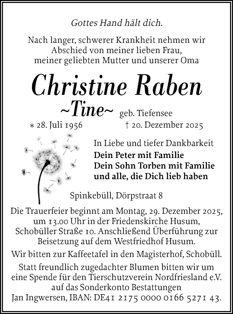  Traueranzeige für Christine Raben vom 27.12.2025 aus Husumer Nachrichten, Nordfriesland Tageblatt