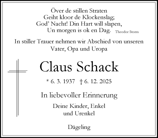 Traueranzeige von Claus Schack von Norddeutsche Rundschau, Wilstersche Zeitung, Glückstädter Fortuna