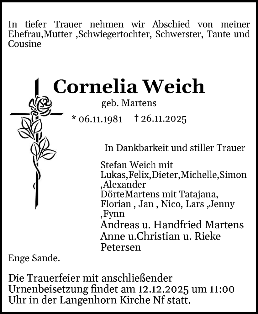  Traueranzeige für Cornelia Weich vom 05.12.2025 aus Husumer Nachrichten, Nordfriesland Tageblatt