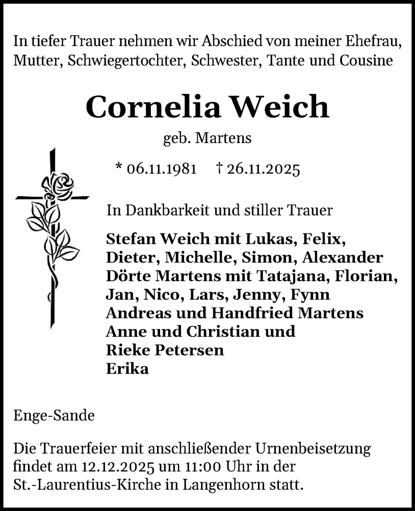  Traueranzeige für Cornelia Weich vom 08.12.2025 aus Husumer Nachrichten, Nordfriesland Tageblatt