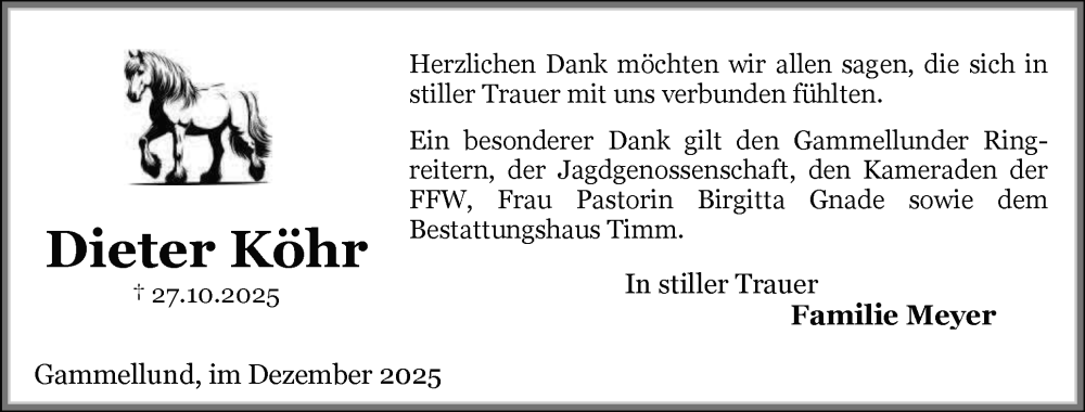  Traueranzeige für Dieter Köhr vom 13.12.2025 aus Schleswiger Nachrichten, Schlei-Bote