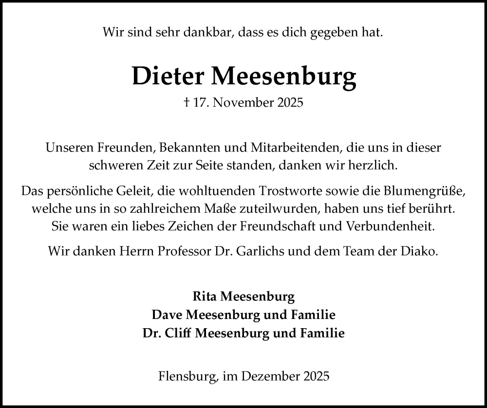  Traueranzeige für Dieter Meesenburg vom 13.12.2025 aus Flensburger Tageblatt