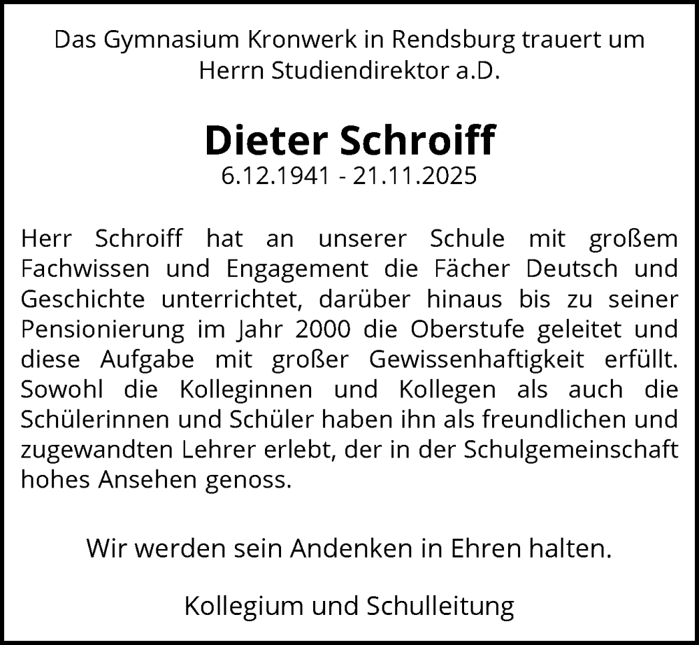  Traueranzeige für Dieter Schroiff vom 13.12.2025 aus Schleswig-Holsteinische Landeszeitung