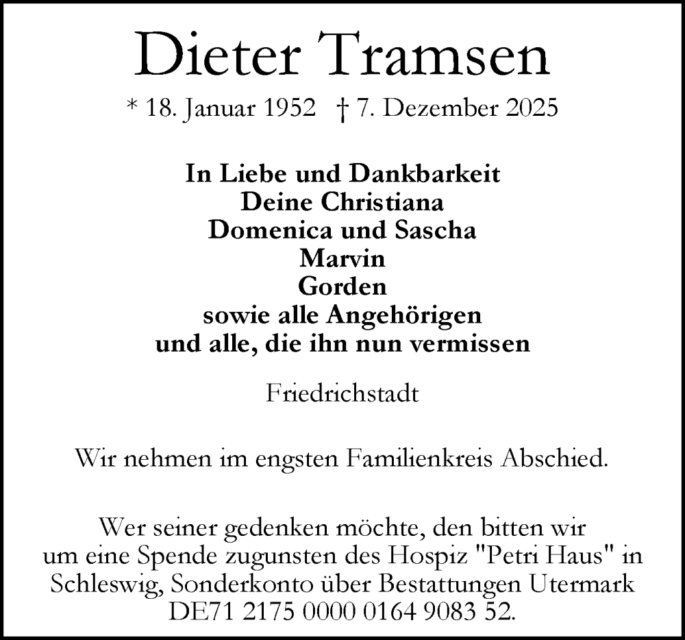  Traueranzeige für Dieter Tramsen vom 13.12.2025 aus Husumer Nachrichten, Nordfriesland Tageblatt