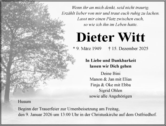 Traueranzeige von Dieter Witt von Husumer Nachrichten, Nordfriesland Tageblatt