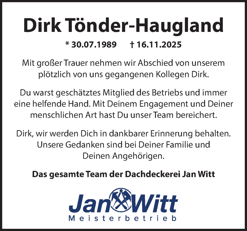  Traueranzeige für Dirk Tönder-Haugland vom 18.12.2025 aus Schleswig-Holsteinische Landeszeitung