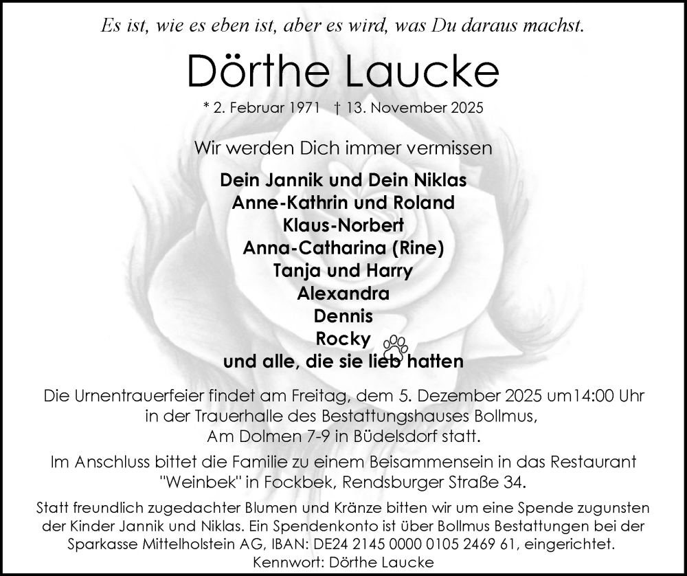  Traueranzeige für Dörthe Laucke vom 02.12.2025 aus Schleswig-Holsteinische Landeszeitung