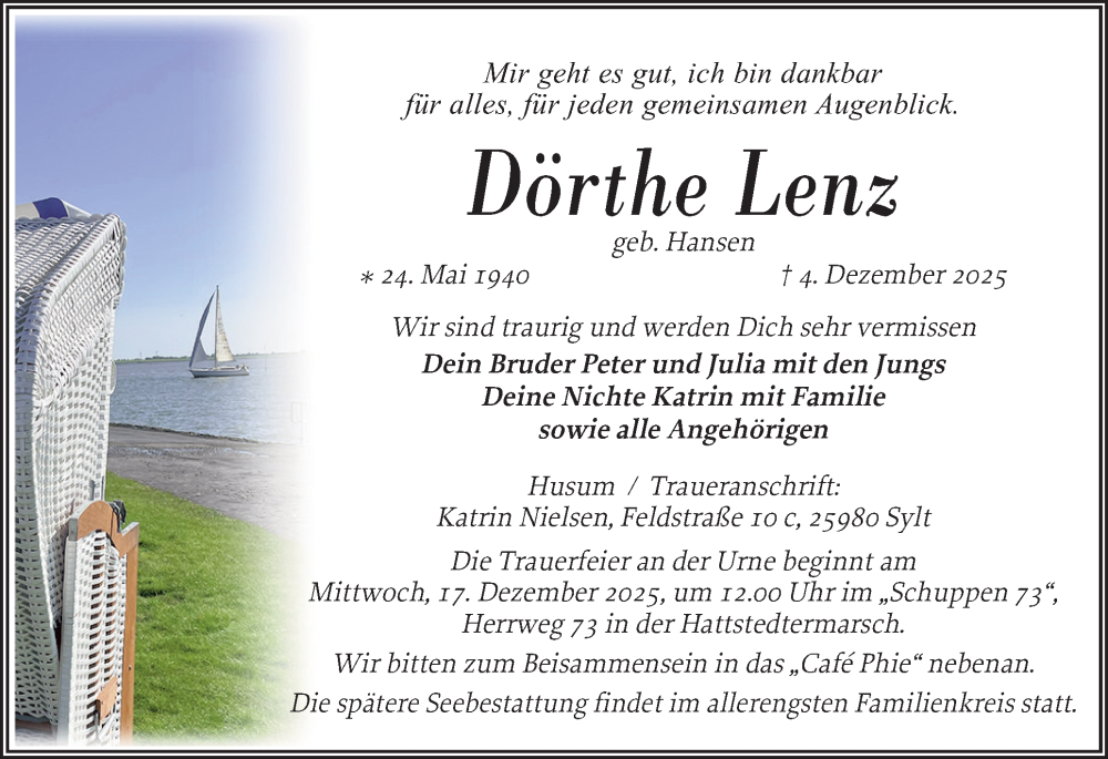  Traueranzeige für Dörthe Lenz vom 13.12.2025 aus Husumer Nachrichten, Nordfriesland Tageblatt