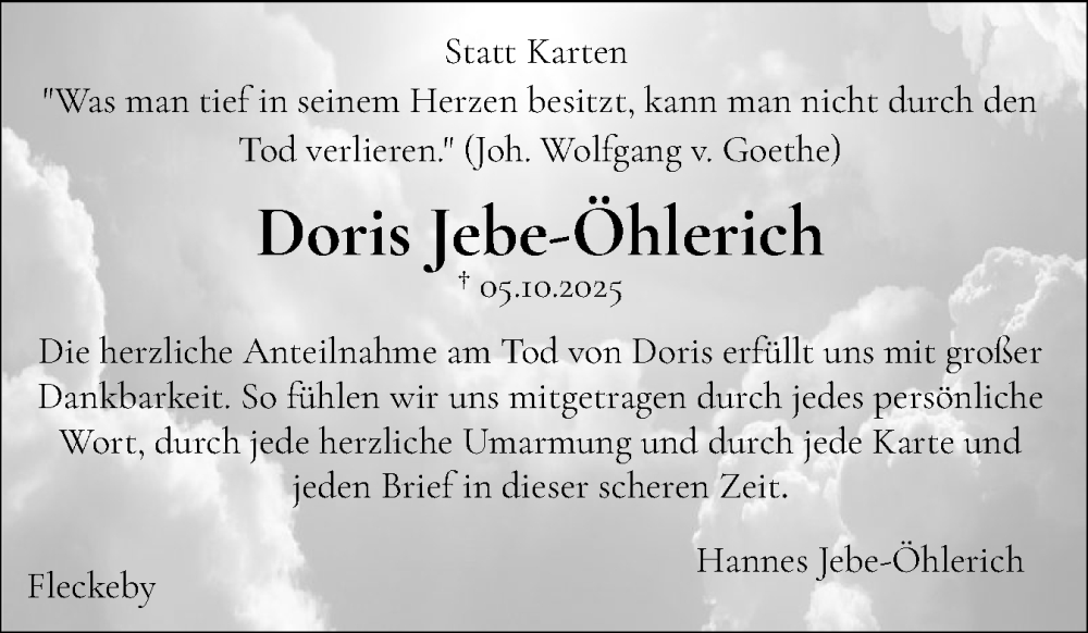  Traueranzeige für Doris Jebe-Öhlerich vom 13.12.2025 aus Eckernförder Zeitung, Hallo Eckernförde