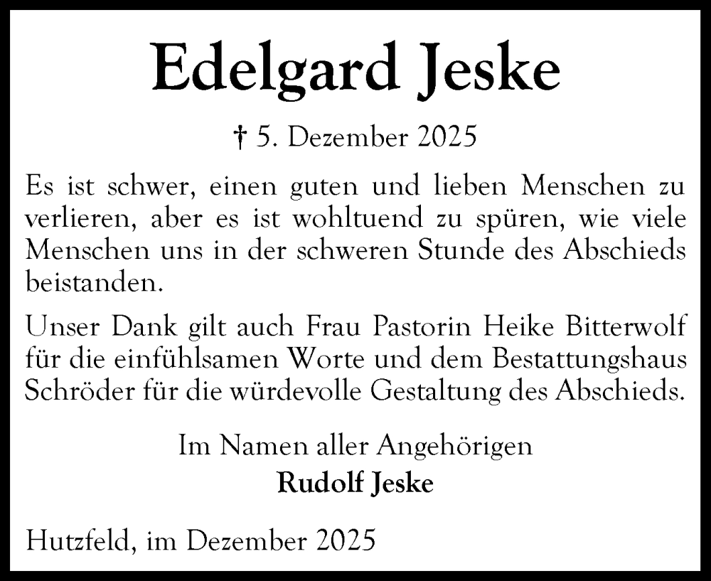  Traueranzeige für Edelgard Jeske vom 20.12.2025 aus Ostholsteiner Anzeiger