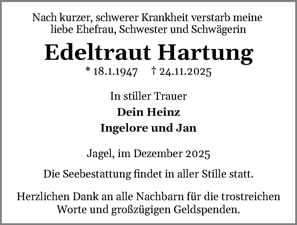  Traueranzeige für Edeltraut Hartung vom 06.12.2025 aus Schleswiger Nachrichten, Schlei-Bote