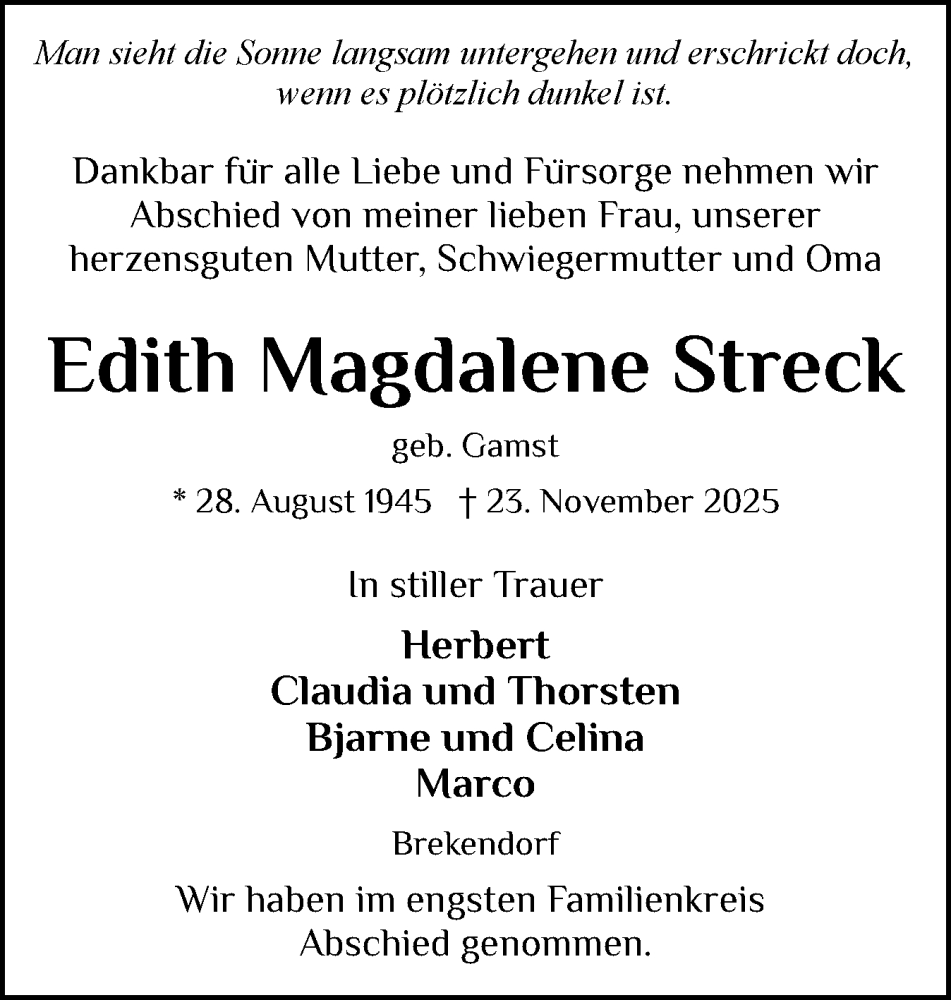  Traueranzeige für Edith Magdalene Streck vom 13.12.2025 aus Schleswig-Holsteinische Landeszeitung