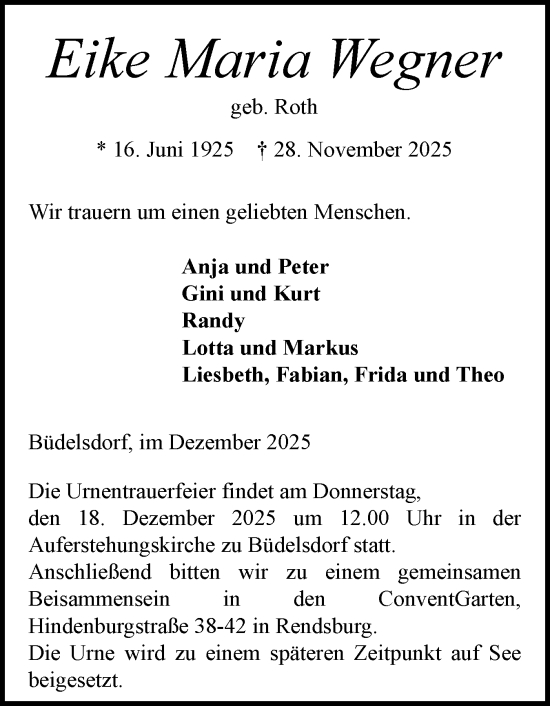 Traueranzeige von Eike Maria Wegner von Schleswig-Holsteinische Landeszeitung