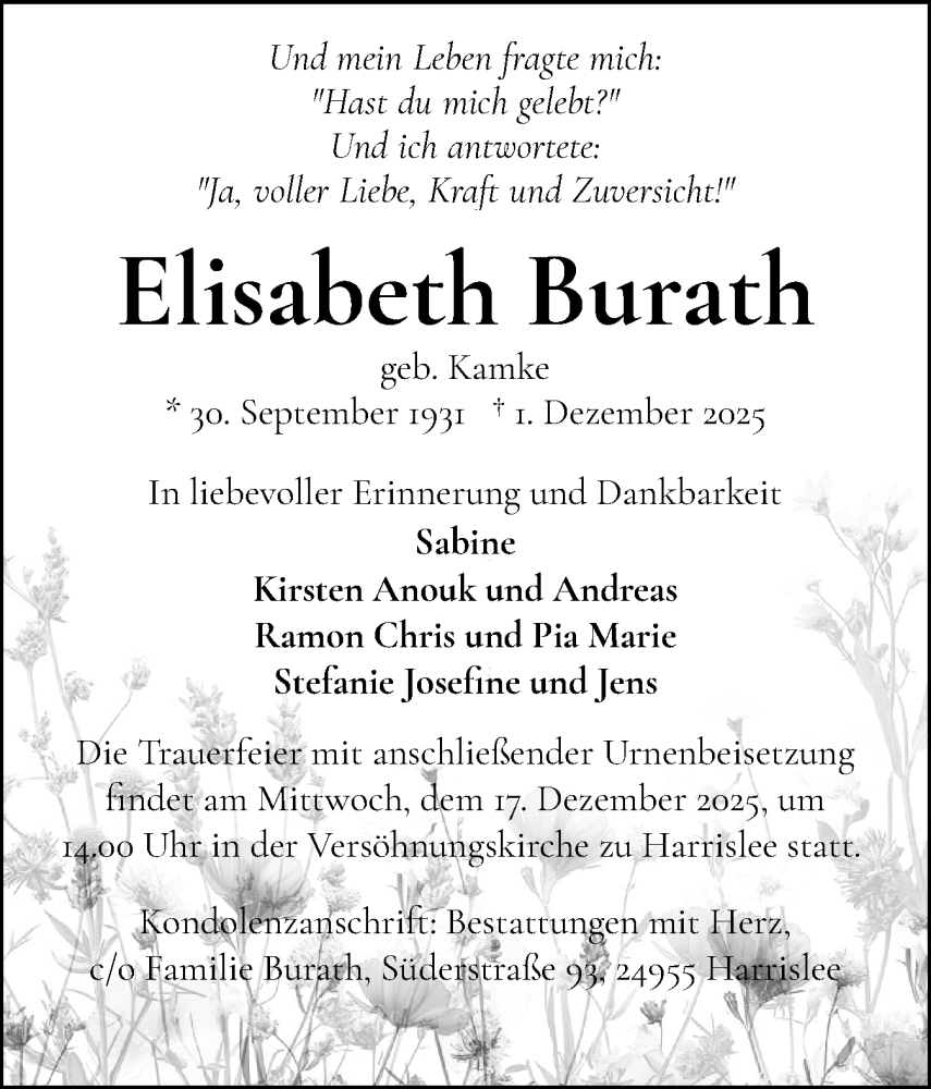  Traueranzeige für Elisabeth Burath vom 13.12.2025 aus Flensburger Tageblatt