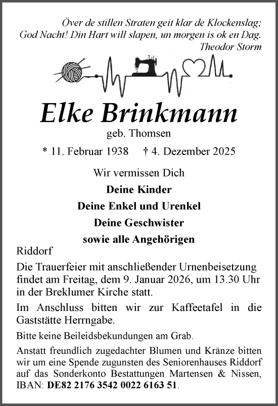 Traueranzeige von Elke Brinkmann von Husumer Nachrichten, Nordfriesland Tageblatt