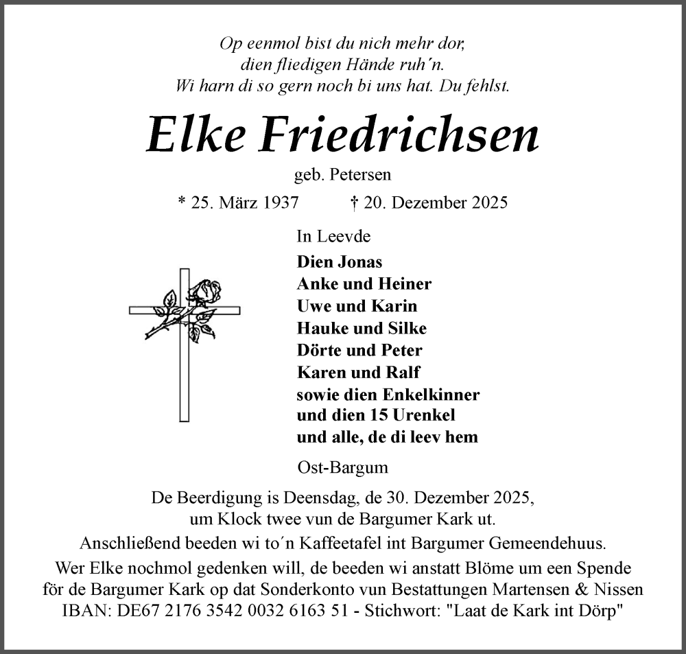  Traueranzeige für Elke Friedrichsen vom 23.12.2025 aus Region Flensburg