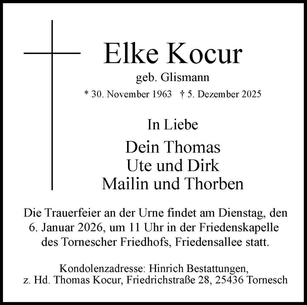  Traueranzeige für Elke Kocur vom 27.12.2025 aus Uetersener Nachrichten, Der tip am Wochenende