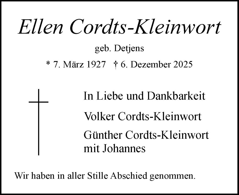 Traueranzeige für Ellen Cordts-Kleinwort vom 27.12.2025 aus Elmshorner Nachrichten, Barmstedter Zeitung