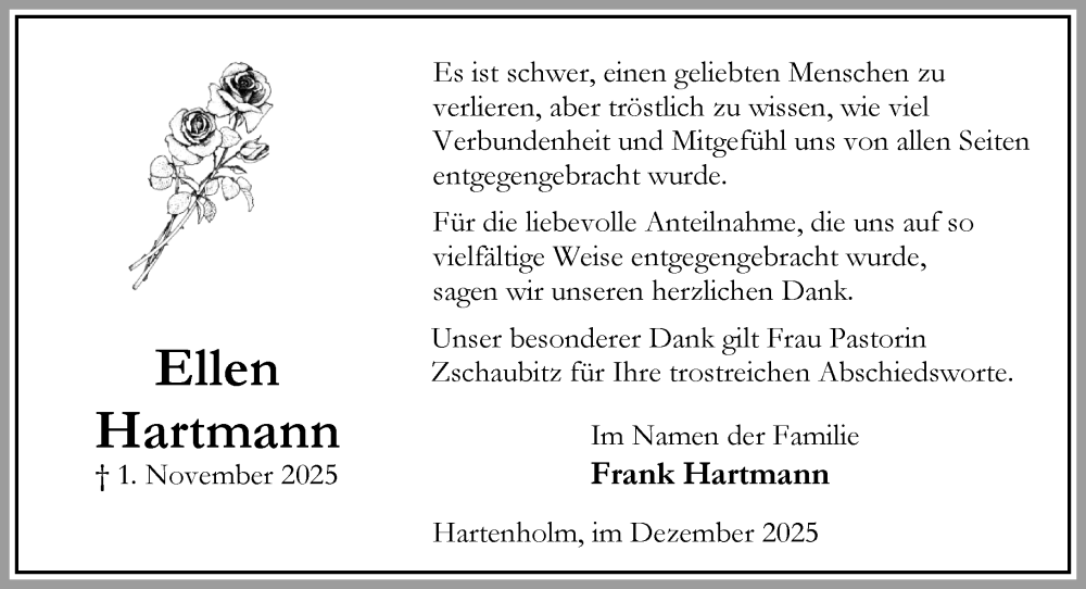  Traueranzeige für Ellen Hartmann vom 27.12.2025 aus Umschau