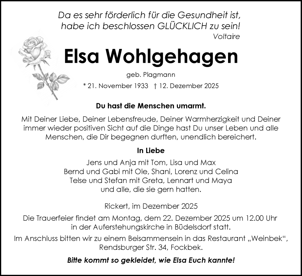  Traueranzeige für Elsa Wohlgehagen vom 17.12.2025 aus Schleswig-Holsteinische Landeszeitung