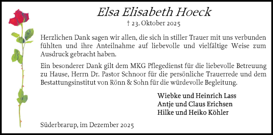 Traueranzeige von Elsa Elisabeth Hoeck von Flensburger Tageblatt, Schleswiger Nachrichten, Schlei-Bote