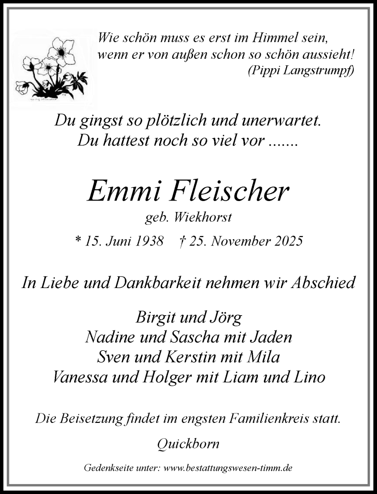  Traueranzeige für Emmi Fleischer vom 13.12.2025 aus Umschau