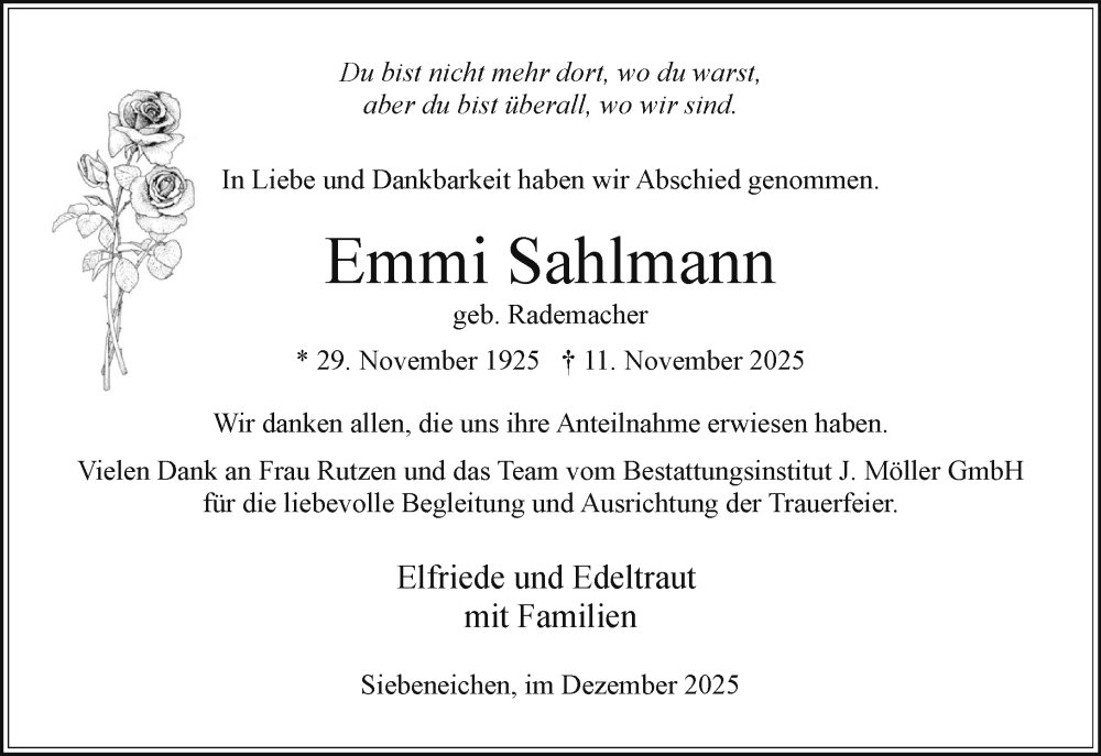  Traueranzeige für Emmi Sahlmann vom 06.12.2025 aus Wochenend Anzeiger