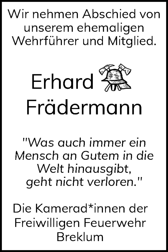 Traueranzeige von Erhard Frädermann von Husumer Nachrichten, Nordfriesland Tageblatt