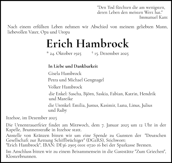 Traueranzeige von Erich Hambrock von Norddeutsche Rundschau, Wilstersche Zeitung, Glückstädter Fortuna