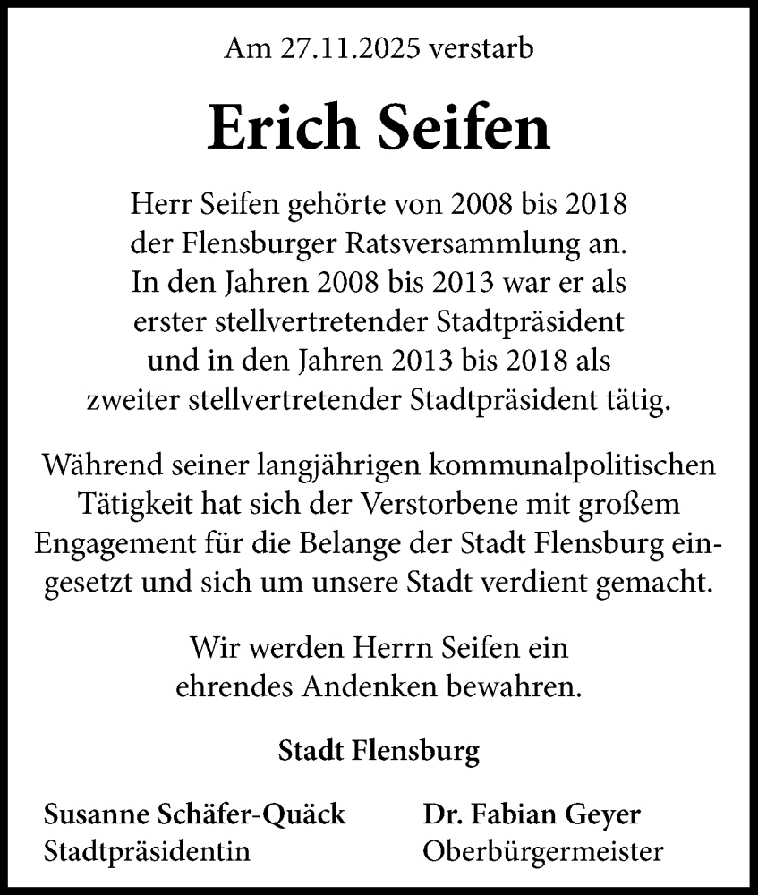  Traueranzeige für Erich Seifen vom 11.12.2025 aus Flensburger Tageblatt