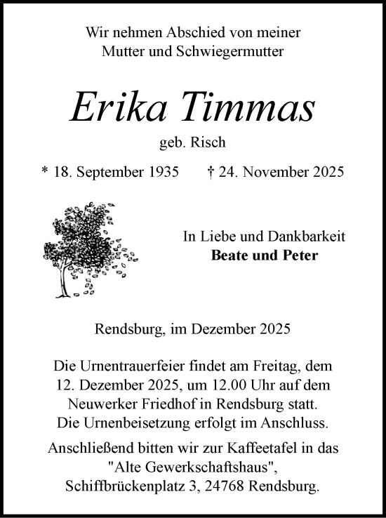Traueranzeige von Erika Timmas von Schleswig-Holsteinische Landeszeitung